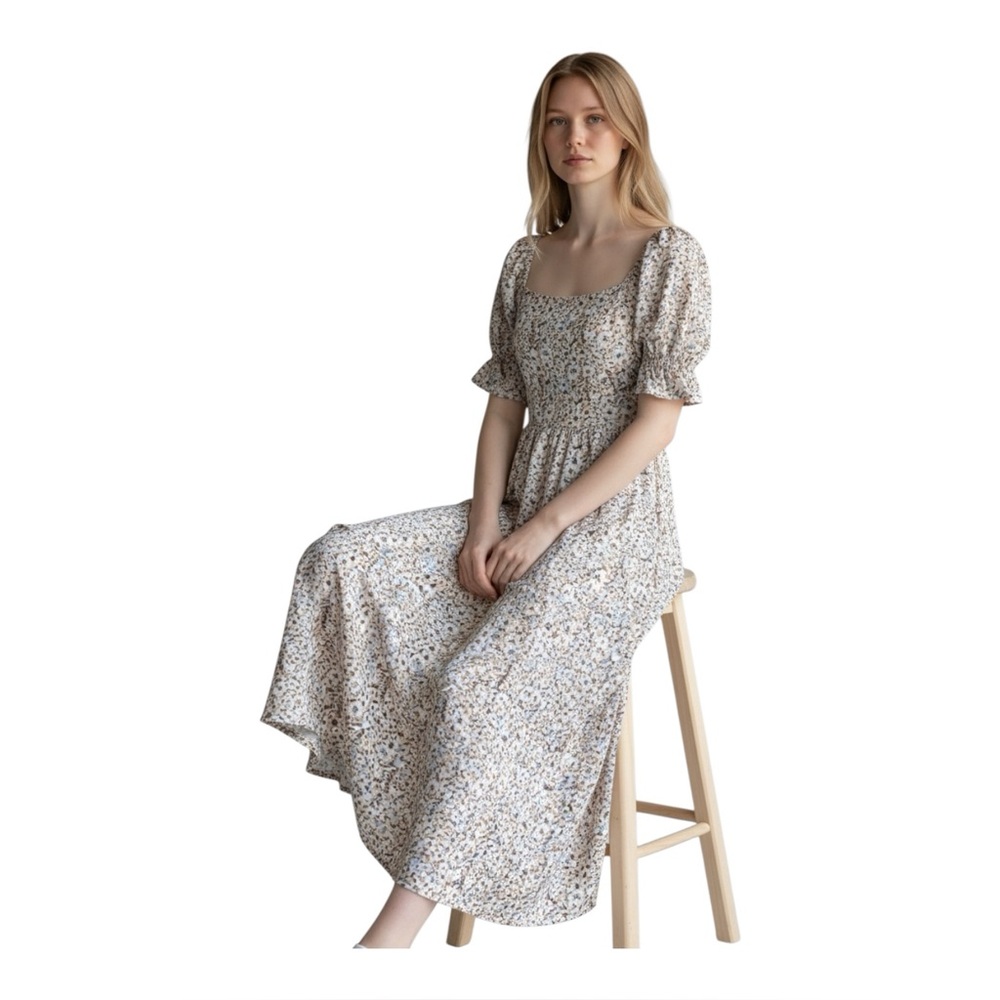 Dizzy Lizzy Puff Sleeve Floral Square Neck Smocked Cottagecore Maxi Dress